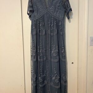 Pinkblush Maternity blue lace mesh overlay dress